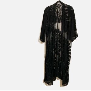 Kimono Shawl Drape Cape Duster Black short sleeve lace sheer one size